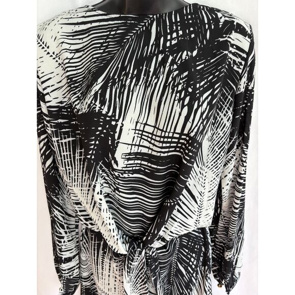 Ra Ju Palm Midi Dress Size M Black White Tropical Front Tie Abstract Classy - Picture 2 of 12